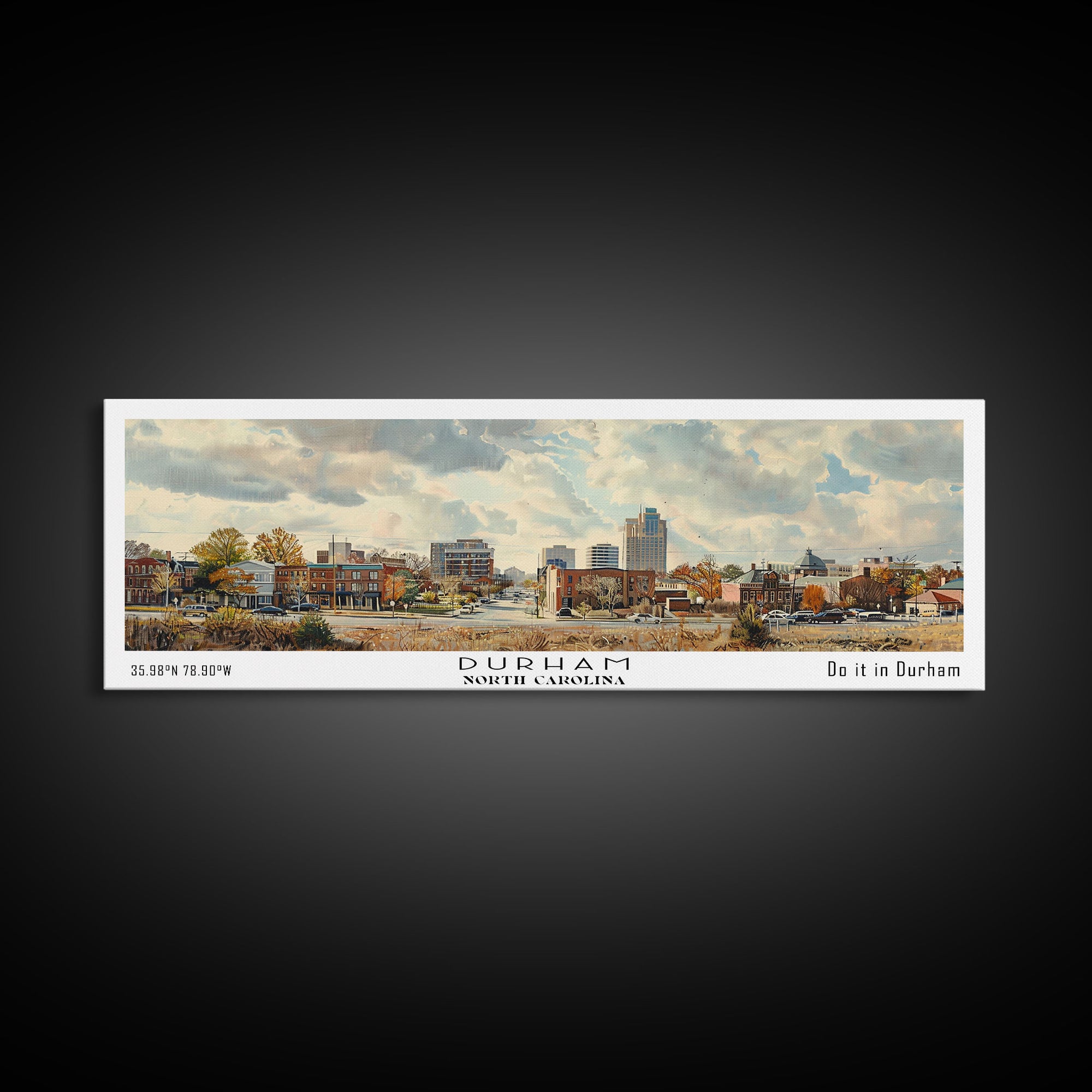 Durham North Carolina Panoramic Watercolor Painting, Scenic Framed Canvas Print, Urban Wall Art for Living Room, Travel Decor, City Print, Gift Idea