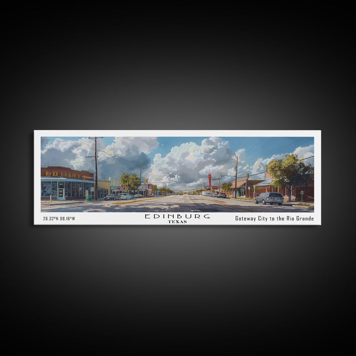 Edinburg Texas Panoramic Watercolor Painting, Scenic Framed Canvas Print, Urban Wall Art for Office, Travel Poster, Home Decor, City Gift Idea