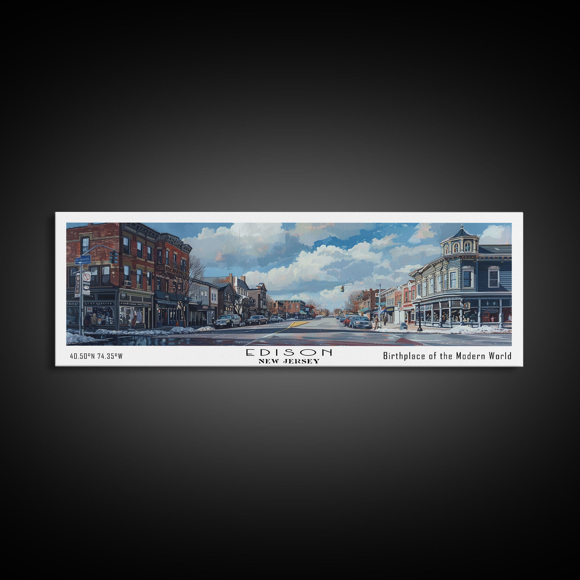 Edison New Jersey Panoramic Watercolor Painting, Scenic Framed Canvas Print, Urban Wall Art for Living Room, Travel Poster, Home Decor, City Gift Idea
