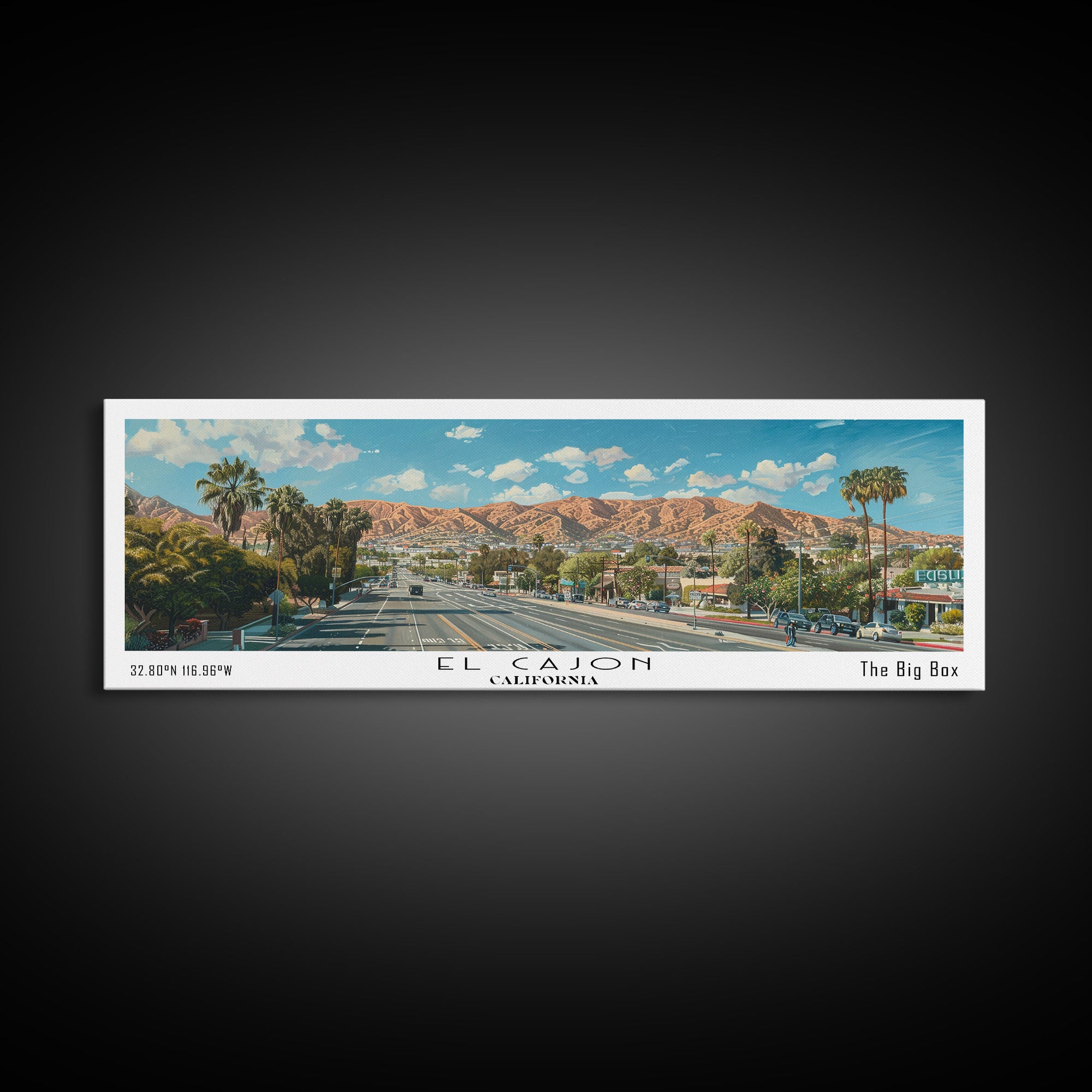 El Cajon California Panoramic Watercolor Painting, Scenic Framed Canvas Print, Urban Wall Art for Office, Travel Decor, City Print, Gift Idea
