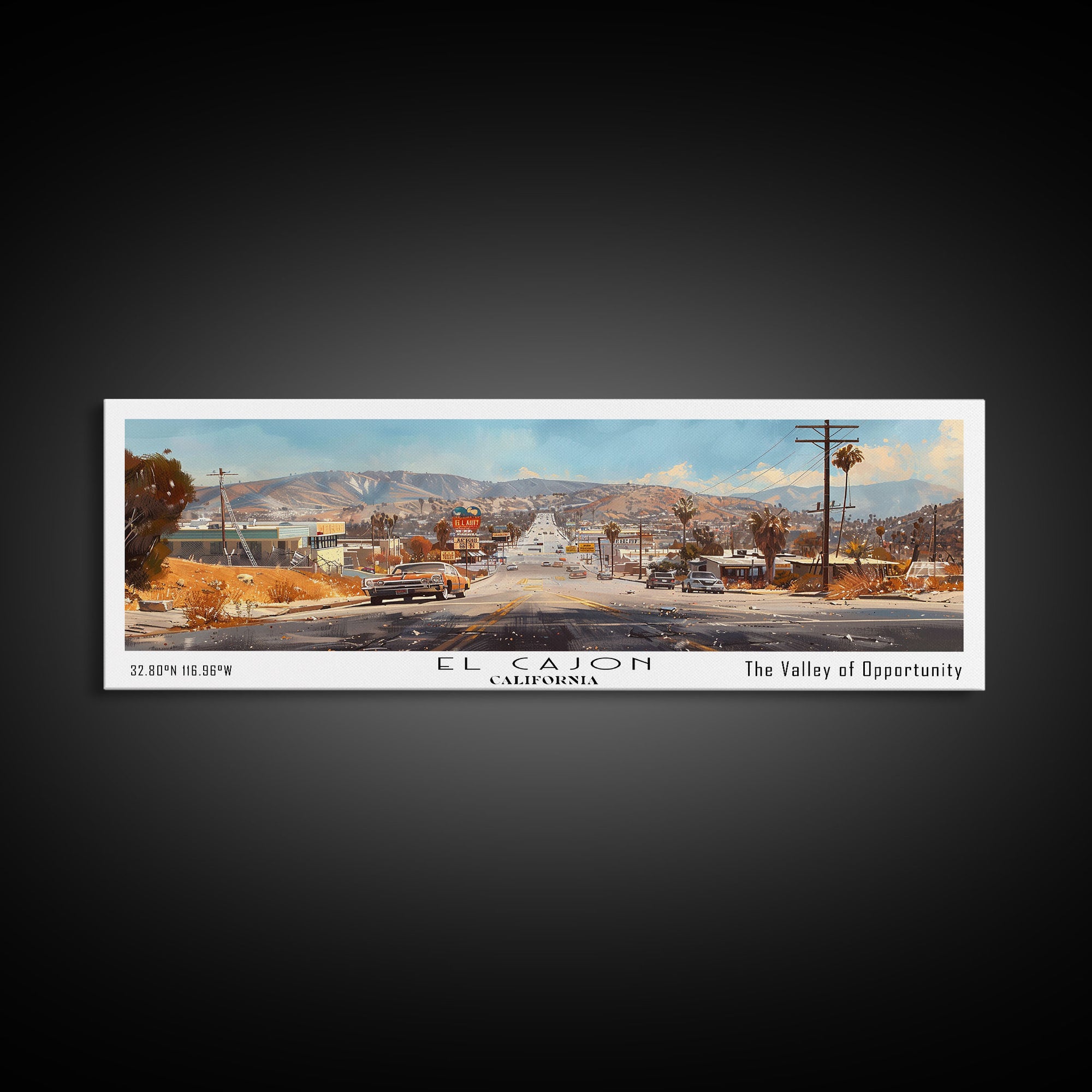 El Cajon California Panoramic Watercolor Painting, Scenic Framed Canvas Print, Urban Wall Art for Office, Travel Decor, City Print, Gift Idea