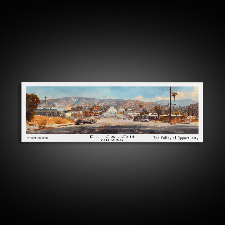 El Cajon California Panoramic Watercolor Painting, Scenic Framed Canvas Print, Urban Wall Art for Office, Travel Decor, City Print, Gift Idea