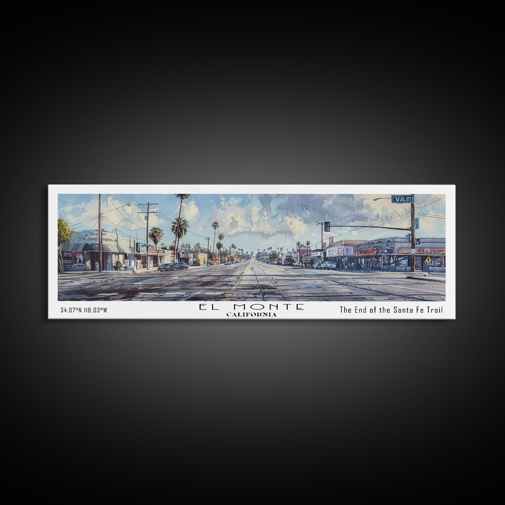 El Monte California Panoramic Watercolor Painting, Scenic Framed Canvas Print, Urban Wall Art for Office, Travel Decor, City Print, Gift Idea