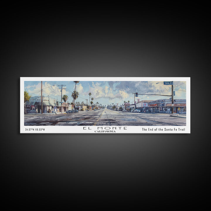 El Monte California Panoramic Watercolor Painting, Scenic Framed Canvas Print, Urban Wall Art for Office, Travel Decor, City Print, Gift Idea