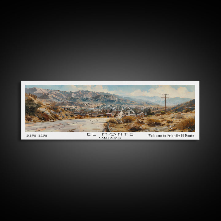El Monte California Panoramic Watercolor Painting, Scenic Framed Canvas Print, Urban Wall Art for Office, Travel Decor, City Print, Gift Idea