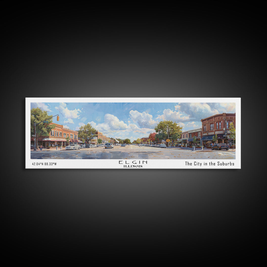 Elgin Illinois Panoramic Watercolor Painting, Scenic Framed Canvas Print, Urban Wall Art for Living Room, Travel Poster, Home Decor, City Gift Idea