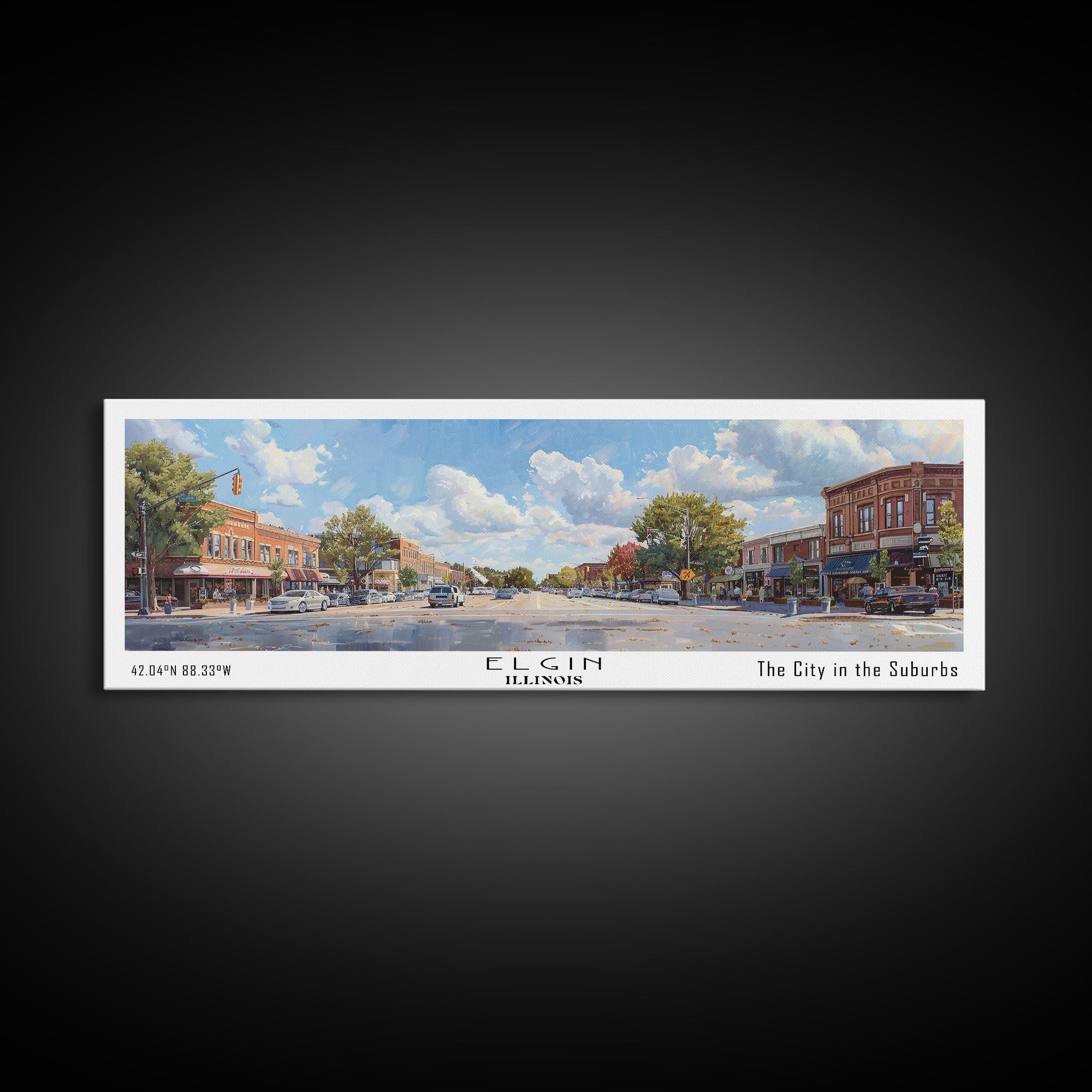 Elgin Illinois Panoramic Watercolor Painting, Scenic Framed Canvas Print, Urban Wall Art for Living Room, Travel Poster, Home Decor, City Gift Idea