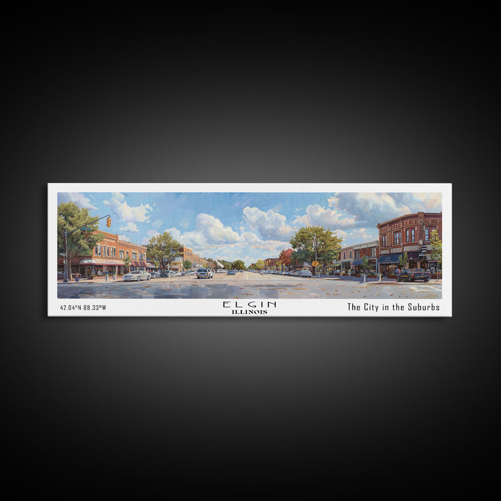 Elgin Illinois Panoramic Watercolor Painting, Scenic Framed Canvas Print, Urban Wall Art for Living Room, Travel Poster, Home Decor, City Gift Idea