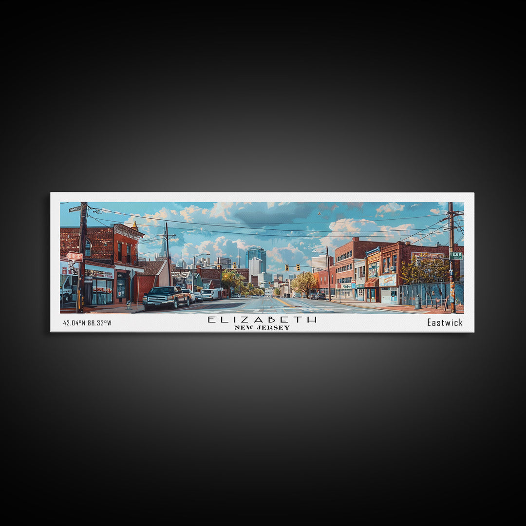 Elizabeth New Jersey Panoramic Watercolor Painting, Scenic Framed Canvas Print, Urban Wall Art for Office, Travel Decor, City Print, Gift Idea
