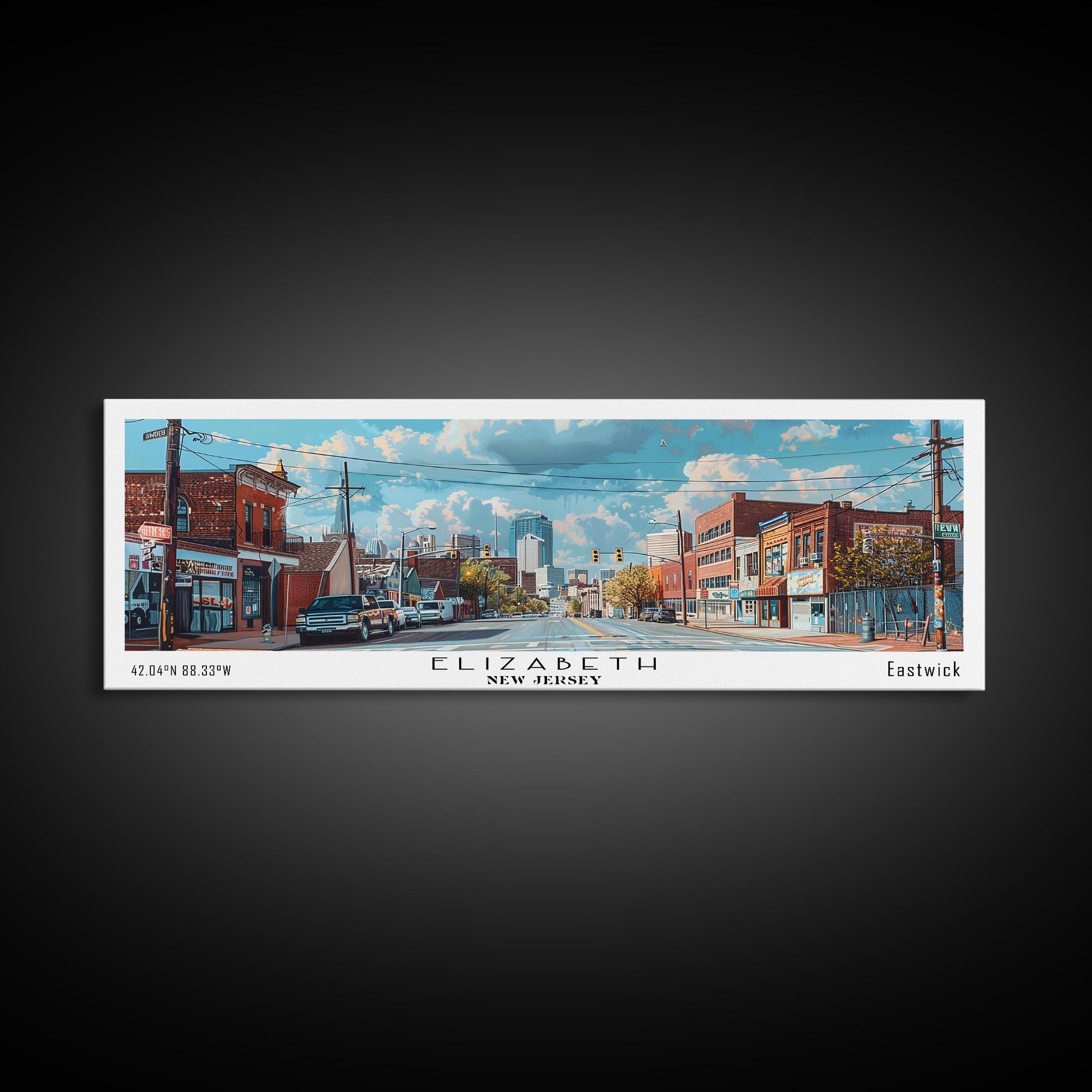 Elizabeth New Jersey Panoramic Watercolor Painting, Scenic Framed Canvas Print, Urban Wall Art for Office, Travel Decor, City Print, Gift Idea