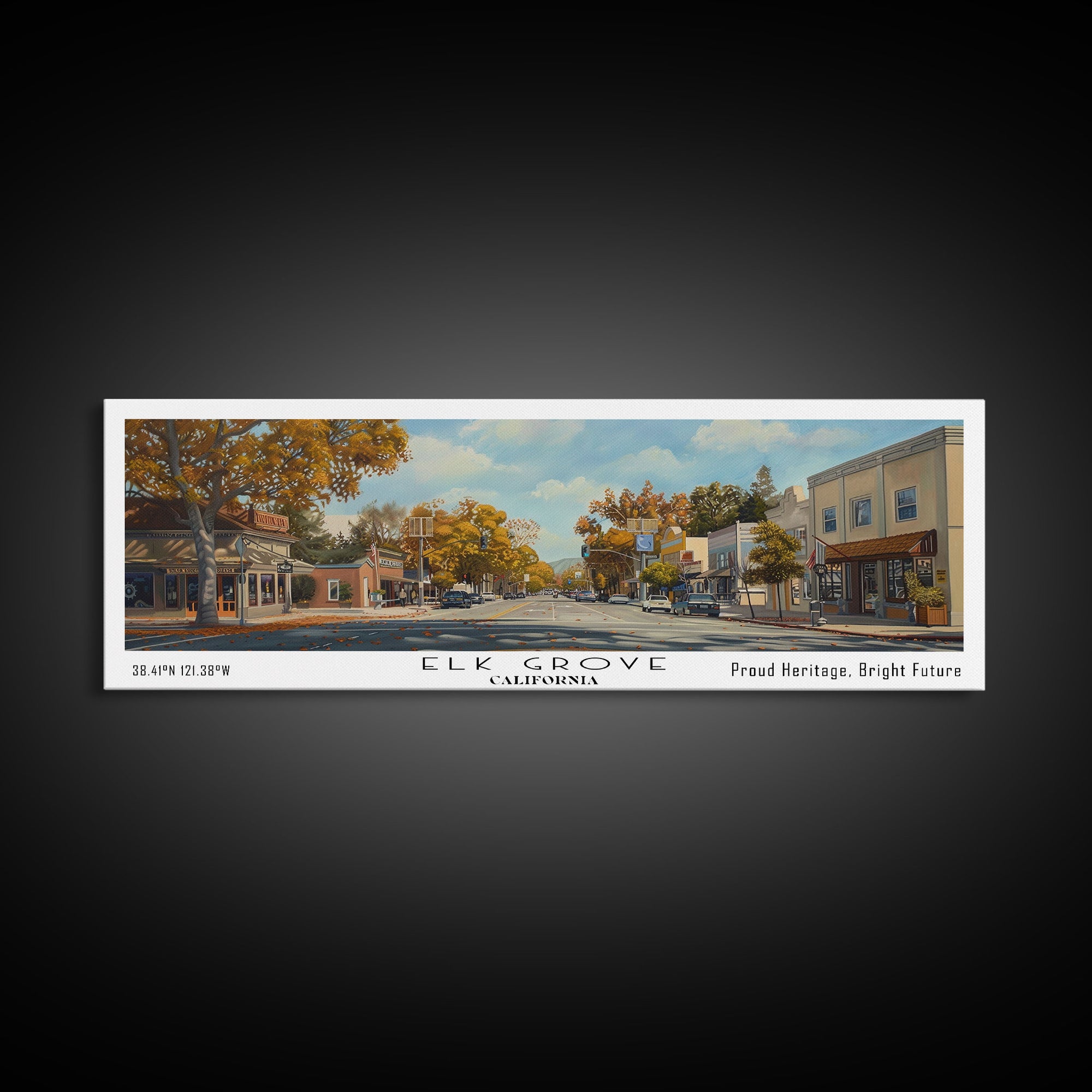 Elk Grove California Panoramic Watercolor Painting, Scenic Framed Canvas Print, Urban Wall Art for Living Room, Travel Poster, Home Decor, City Gift Idea