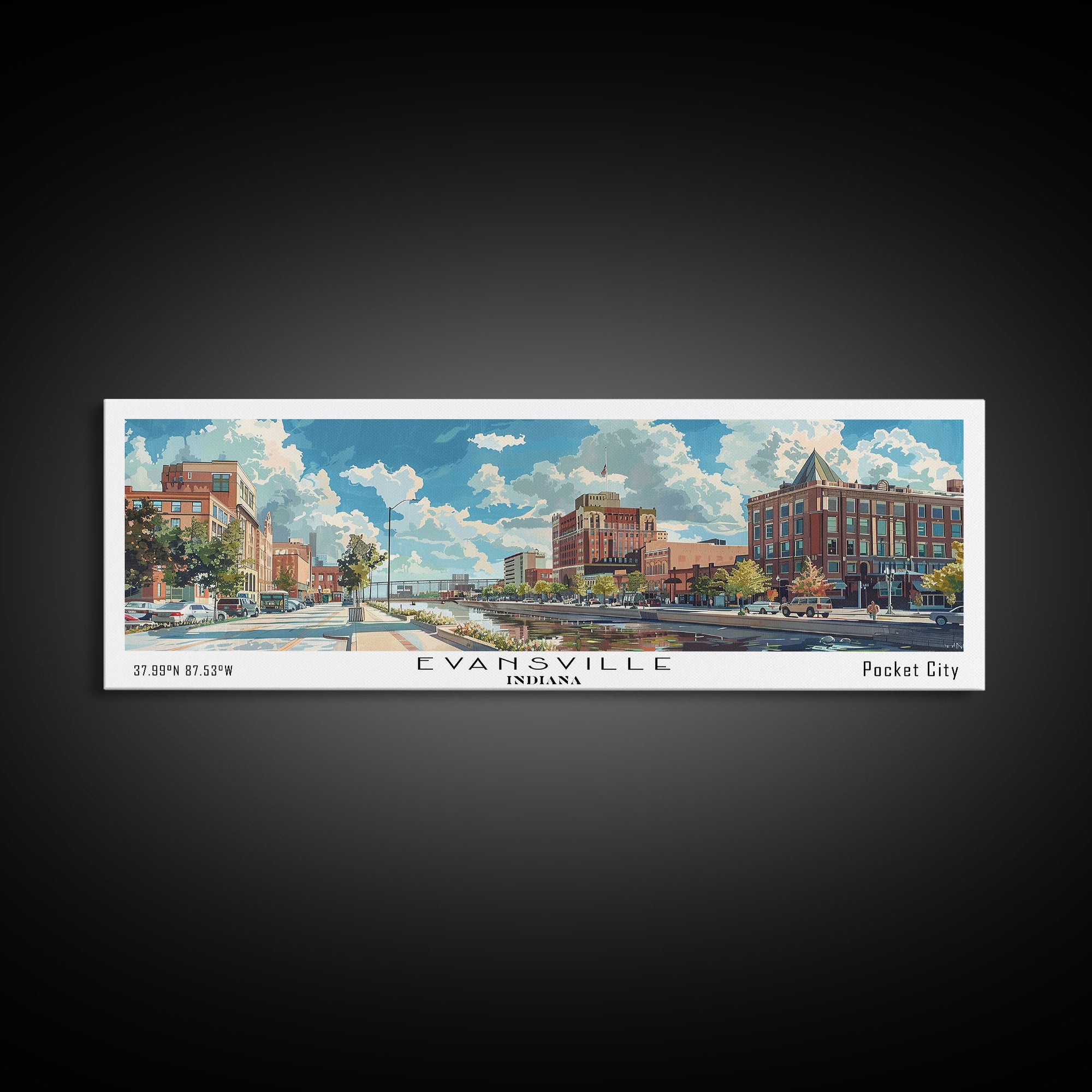Evansville Indiana Panoramic Watercolor Painting, Scenic Framed Canvas Print, Urban Wall Art for Living Room, Travel Poster, Home Decor, City Gift Idea