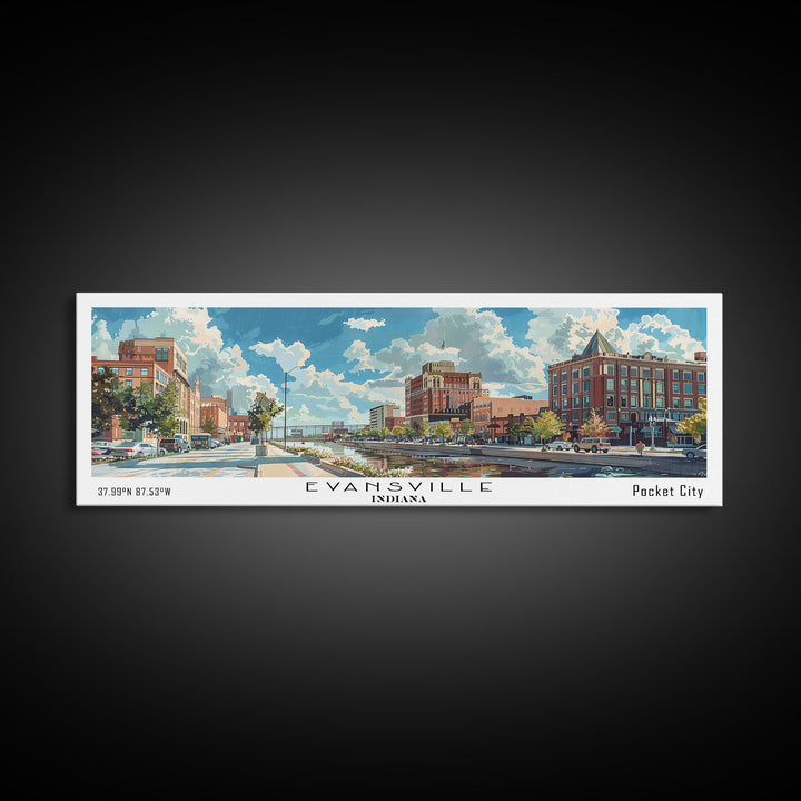Evansville Indiana Panoramic Watercolor Painting, Scenic Framed Canvas Print, Urban Wall Art for Living Room, Travel Poster, Home Decor, City Gift Idea