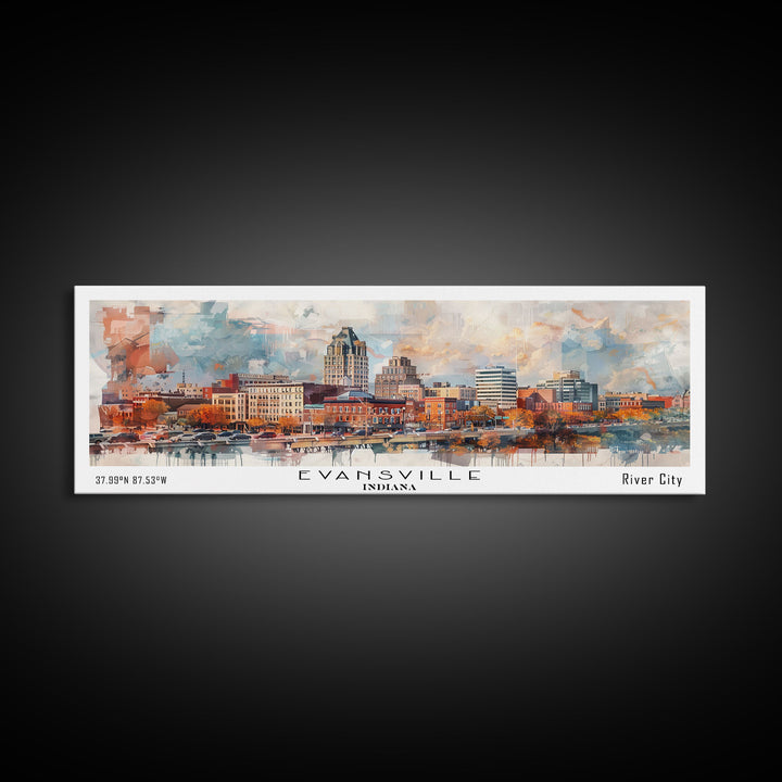 Evansville Indiana Panoramic Watercolor Painting, Scenic Framed Canvas Print, Urban Wall Art for Living Room, Travel Poster, Home Decor, City Gift Idea