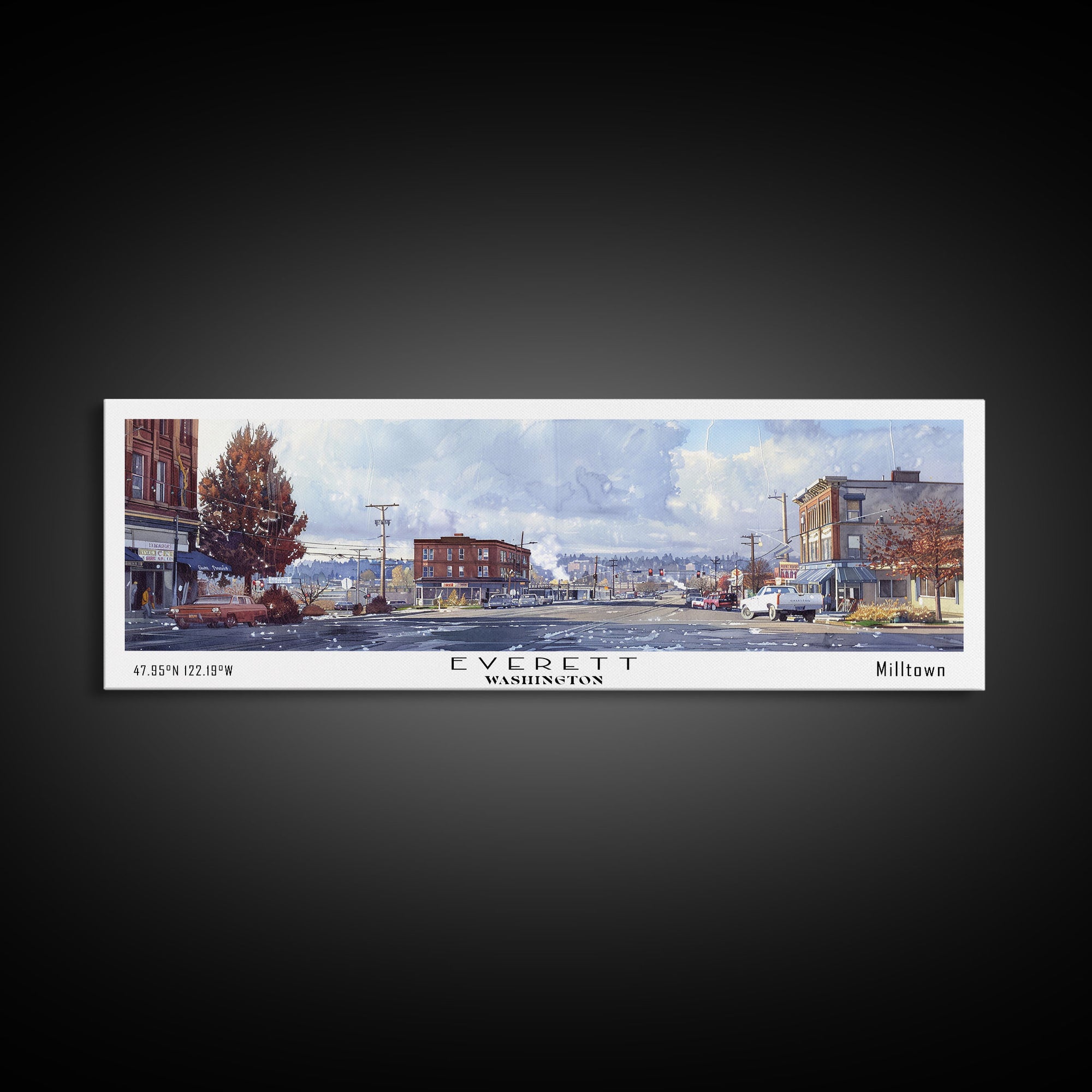 Everett Washington Panoramic Watercolor Painting, Scenic Framed Canvas Print, Urban Wall Art for Office, Travel Decor, City Print, Gift Idea