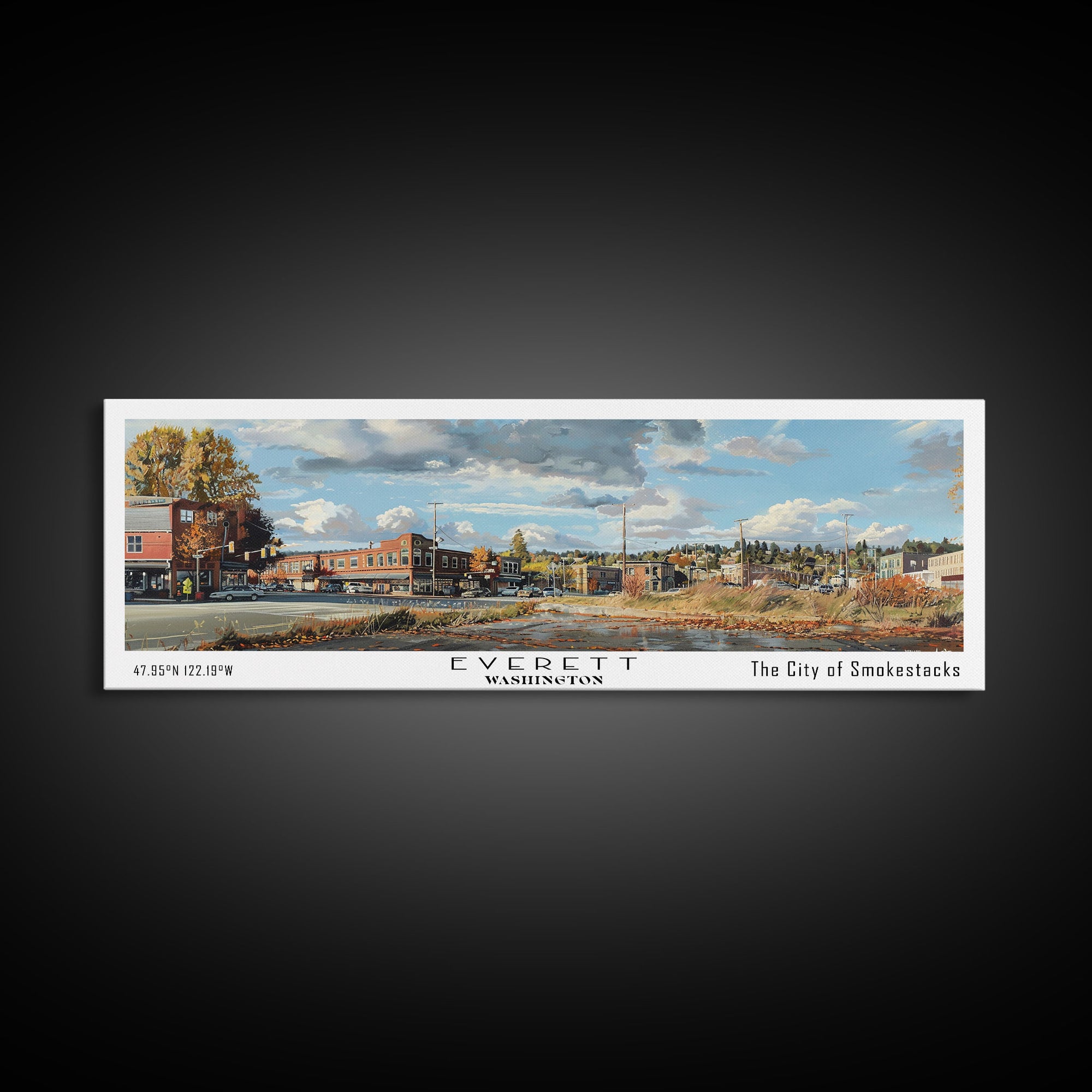 Everett Washington Panoramic Watercolor Painting, Scenic Framed Canvas Print, Urban Wall Art for Office, Travel Decor, City Print, Gift Idea