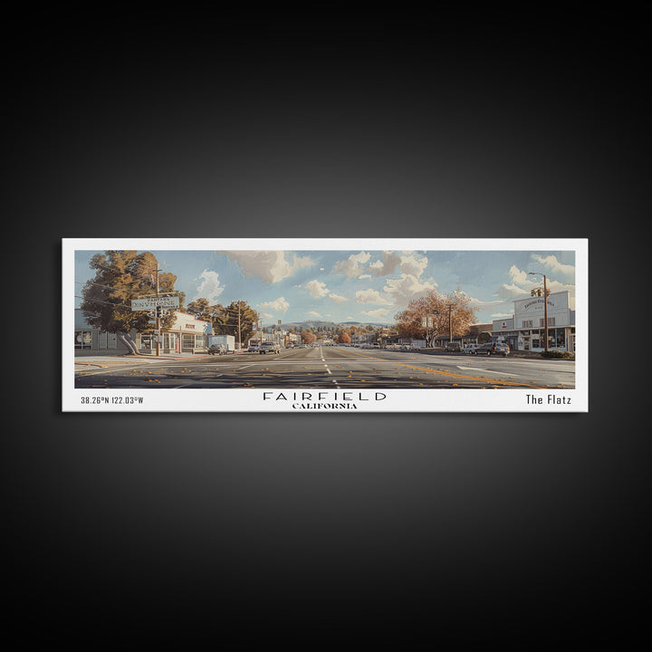 Fairfield California Panoramic Watercolor Painting, Scenic Framed Canvas Print, Urban Wall Art for Living Room, Travel Poster, Home Decor, City Gift Idea