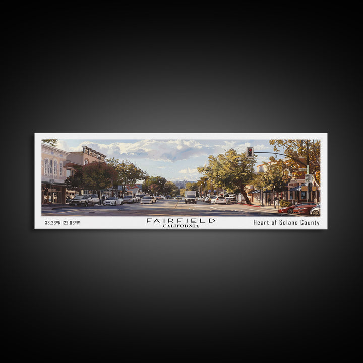 Fairfield California Panoramic Watercolor Painting, Scenic Framed Canvas Print, Urban Wall Art for Living Room, Travel Poster, Home Decor, City Gift Idea
