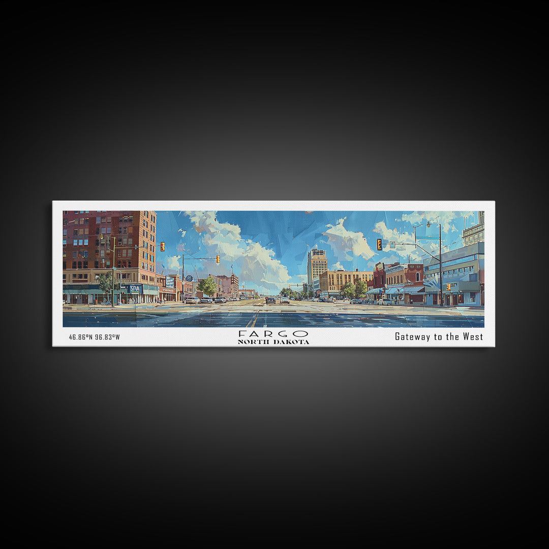 Fargo North Carolina Panoramic Watercolor Painting, Scenic Framed Canvas Print, Urban Wall Art for Office, Travel Decor, City Print, Gift Idea