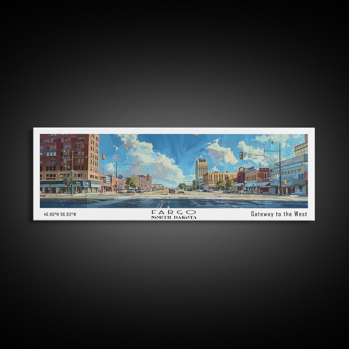 Fargo North Carolina Panoramic Watercolor Painting, Scenic Framed Canvas Print, Urban Wall Art for Office, Travel Decor, City Print, Gift Idea