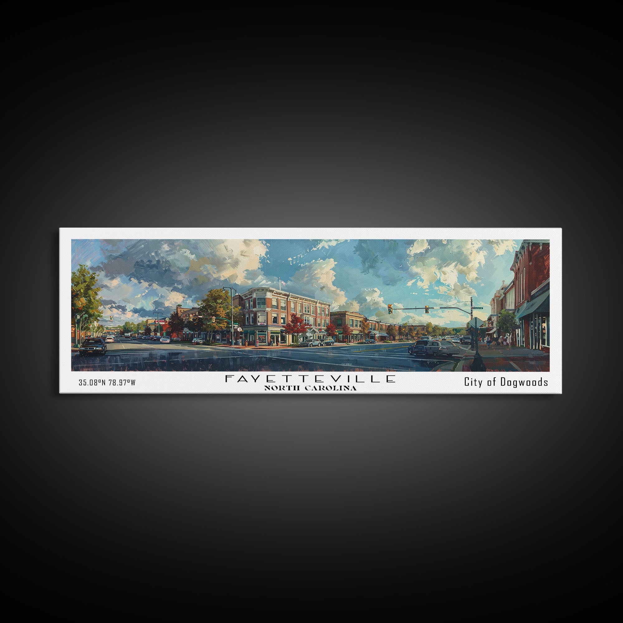 Fayetteville North Carolina Panoramic Watercolor Painting, Scenic Framed Canvas Print, Urban Wall Art for Living Room, Travel Poster, Home Decor, City Gift Idea