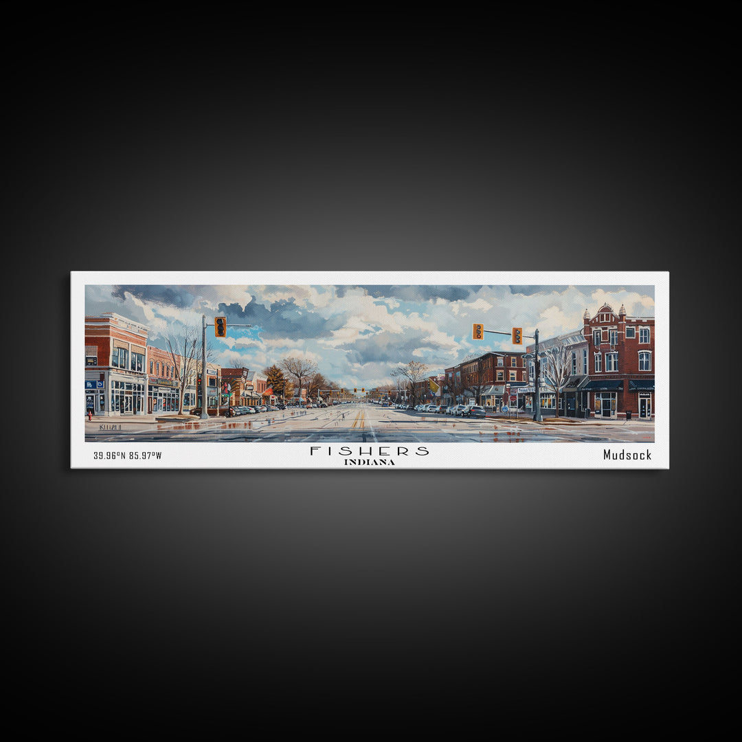 Fishers Indiana Panoramic Watercolor Painting, Scenic Framed Canvas Print, Urban Wall Art for Office, Travel Decor, City Print, Gift Idea