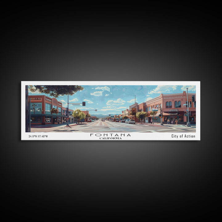 Fontana California Panoramic Watercolor Painting, Scenic Framed Canvas Print, Urban Wall Art for Living Room, Travel Poster, Home Decor, City Gift Idea