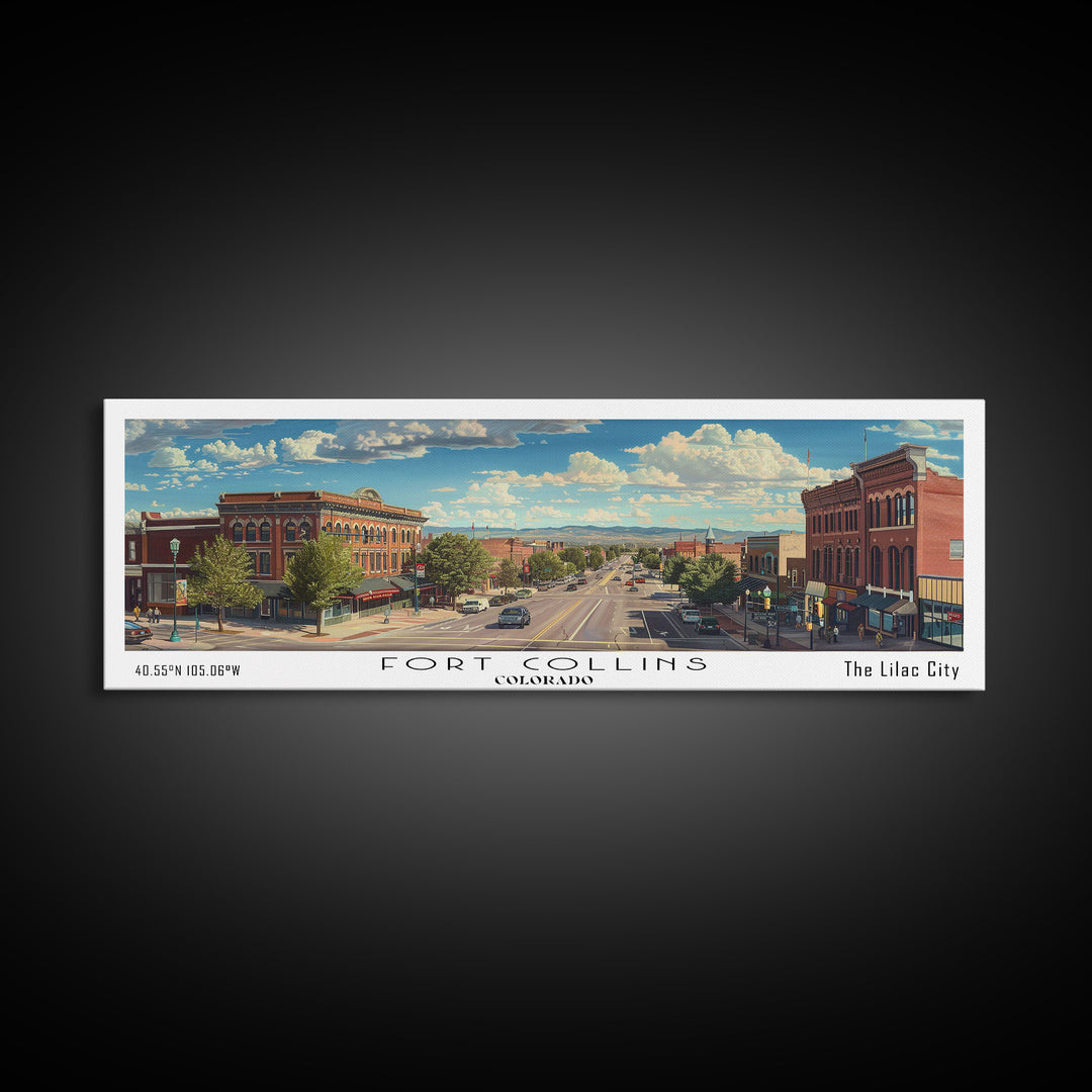 Fort Collins Colorado Panoramic Watercolor Painting, Scenic Framed Canvas Print, Urban Wall Art for Office, Travel Decor, City Print, Gift Idea