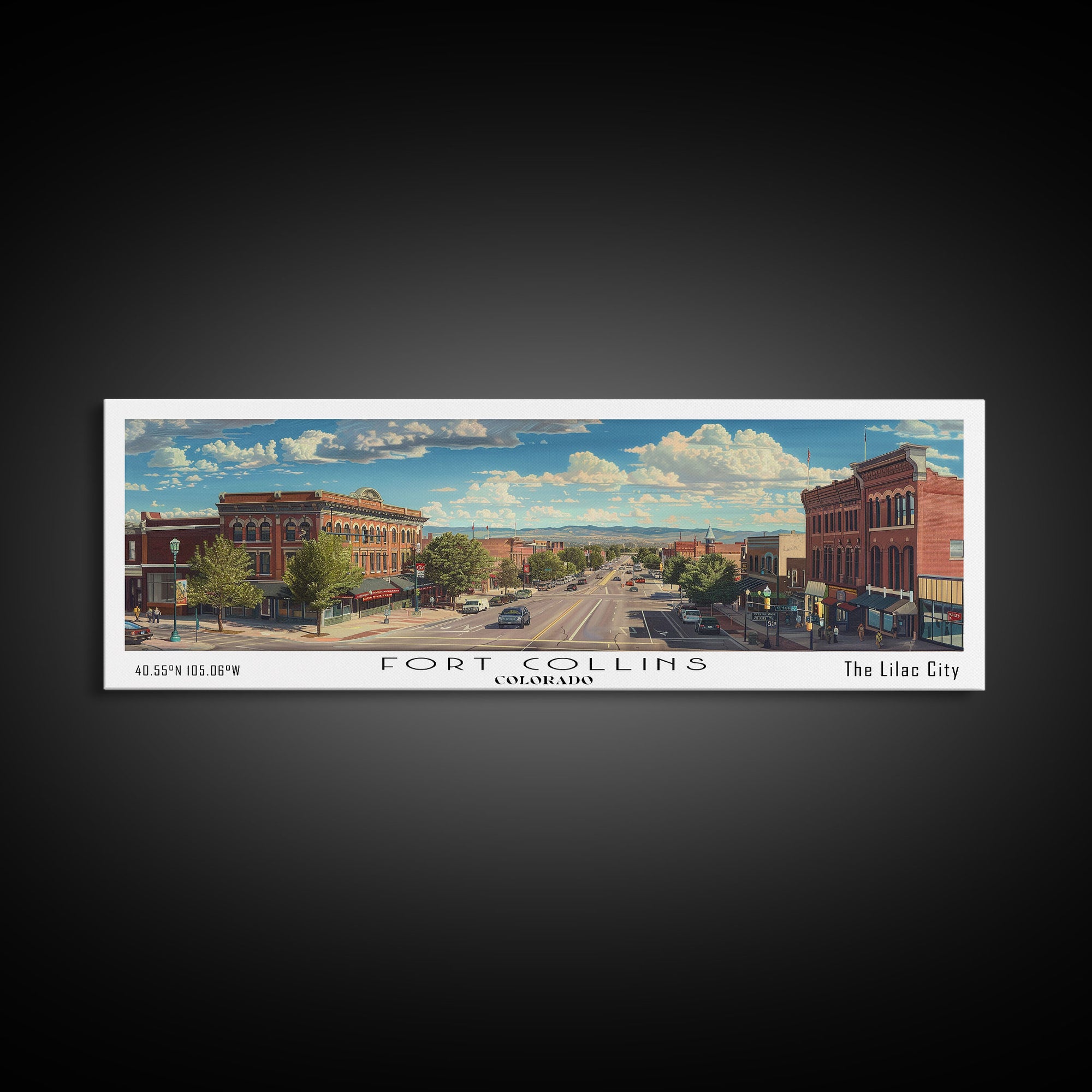 Fort Collins Colorado Panoramic Watercolor Painting, Scenic Framed Canvas Print, Urban Wall Art for Office, Travel Decor, City Print, Gift Idea