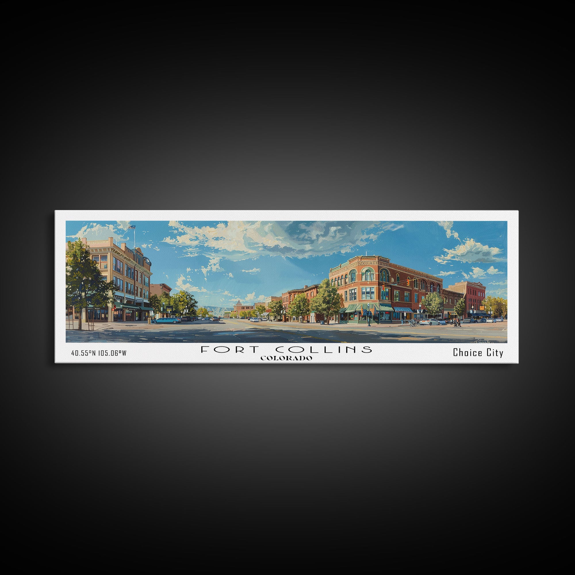 Fort Collins Colorado Panoramic Watercolor Painting, Scenic Framed Canvas Print, Urban Wall Art for Office, Travel Decor, City Print, Gift Idea