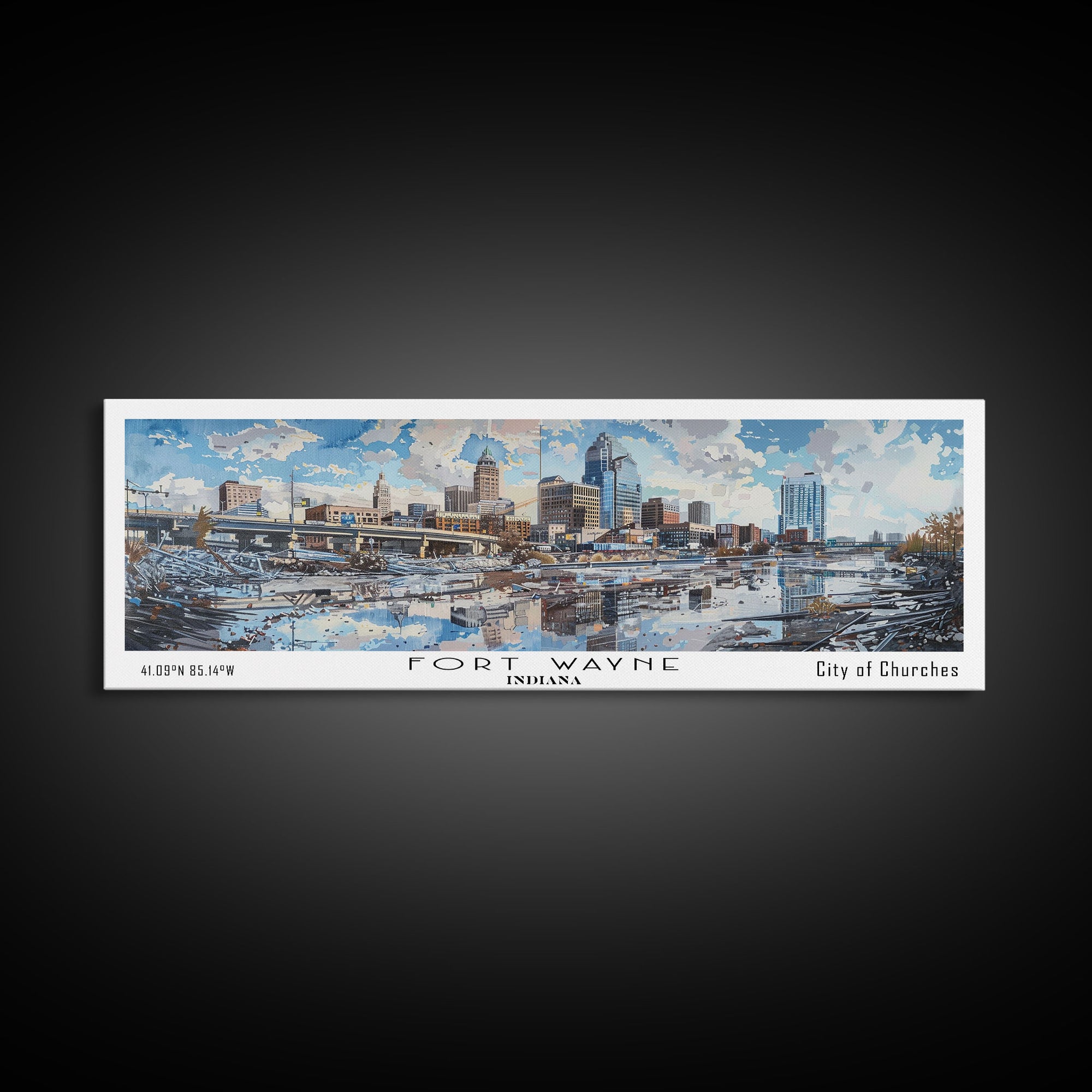 Fort Wayne Indiana Panoramic Watercolor Painting, Scenic Framed Canvas Print, Urban Wall Art for Office, Travel Decor, City Print, Gift Idea
