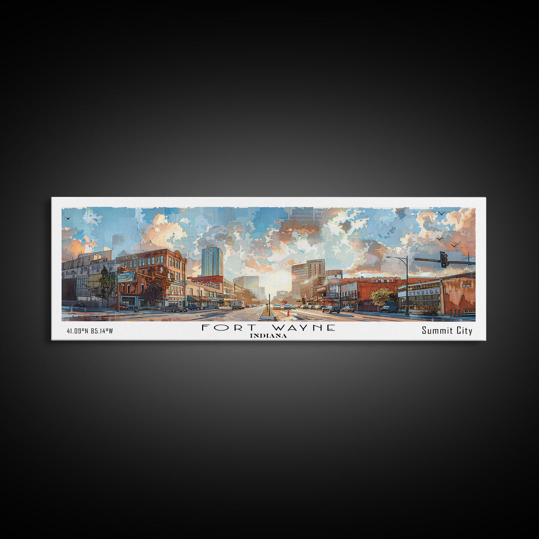 Fort Wayne Indiana Panoramic Watercolor Painting, Urban Framed Canvas Print, Cityscape Wall Art for Living Room, Travel Decor, Home Gift Idea