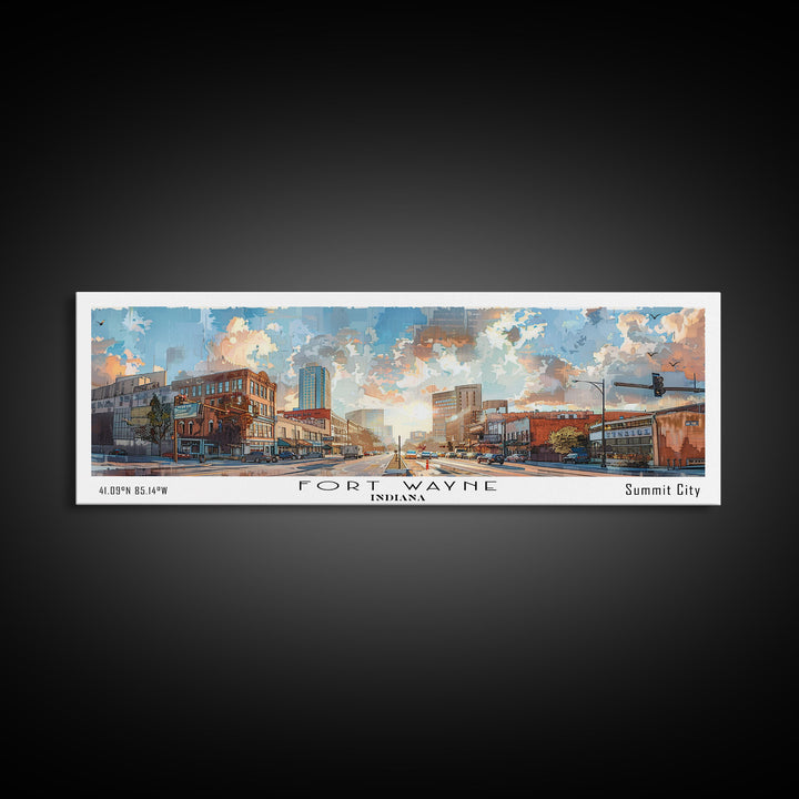 Fort Wayne Indiana Panoramic Watercolor Painting, Urban Framed Canvas Print, Cityscape Wall Art for Living Room, Travel Decor, Home Gift Idea