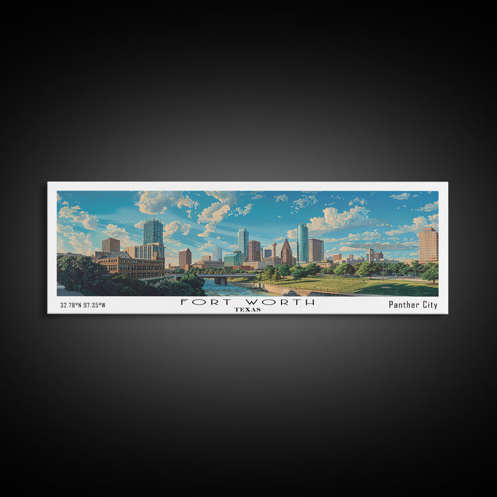 Fort Worth Texas Panoramic Watercolor Painting, Urban Framed Canvas Print, Cityscape Wall Art for Living Room, Travel Decor, Office Art, Gift Idea