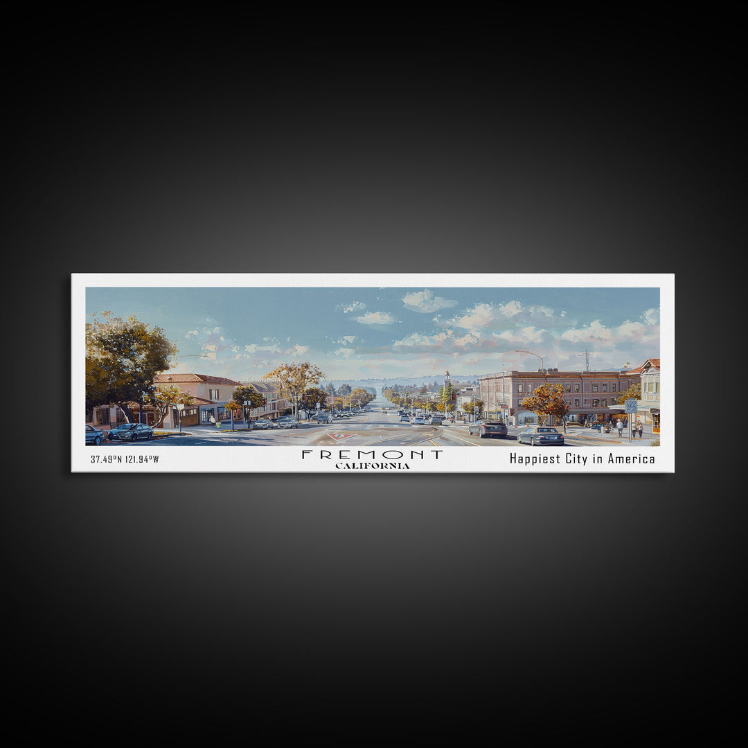 Fremont California Panoramic Watercolor Painting, Scenic Framed Canvas Print, Urban Wall Art for Office, Travel Poster, Home Decor, City Gift Idea