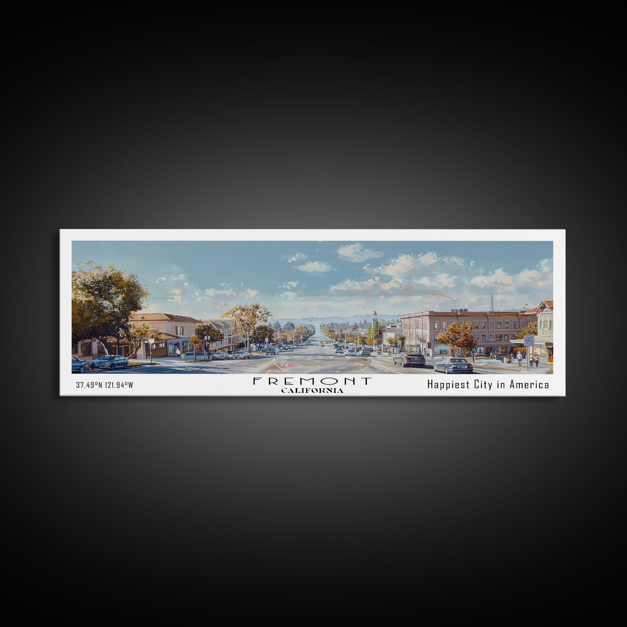 Fremont California Panoramic Watercolor Painting, Scenic Framed Canvas Print, Urban Wall Art for Office, Travel Poster, Home Decor, City Gift Idea