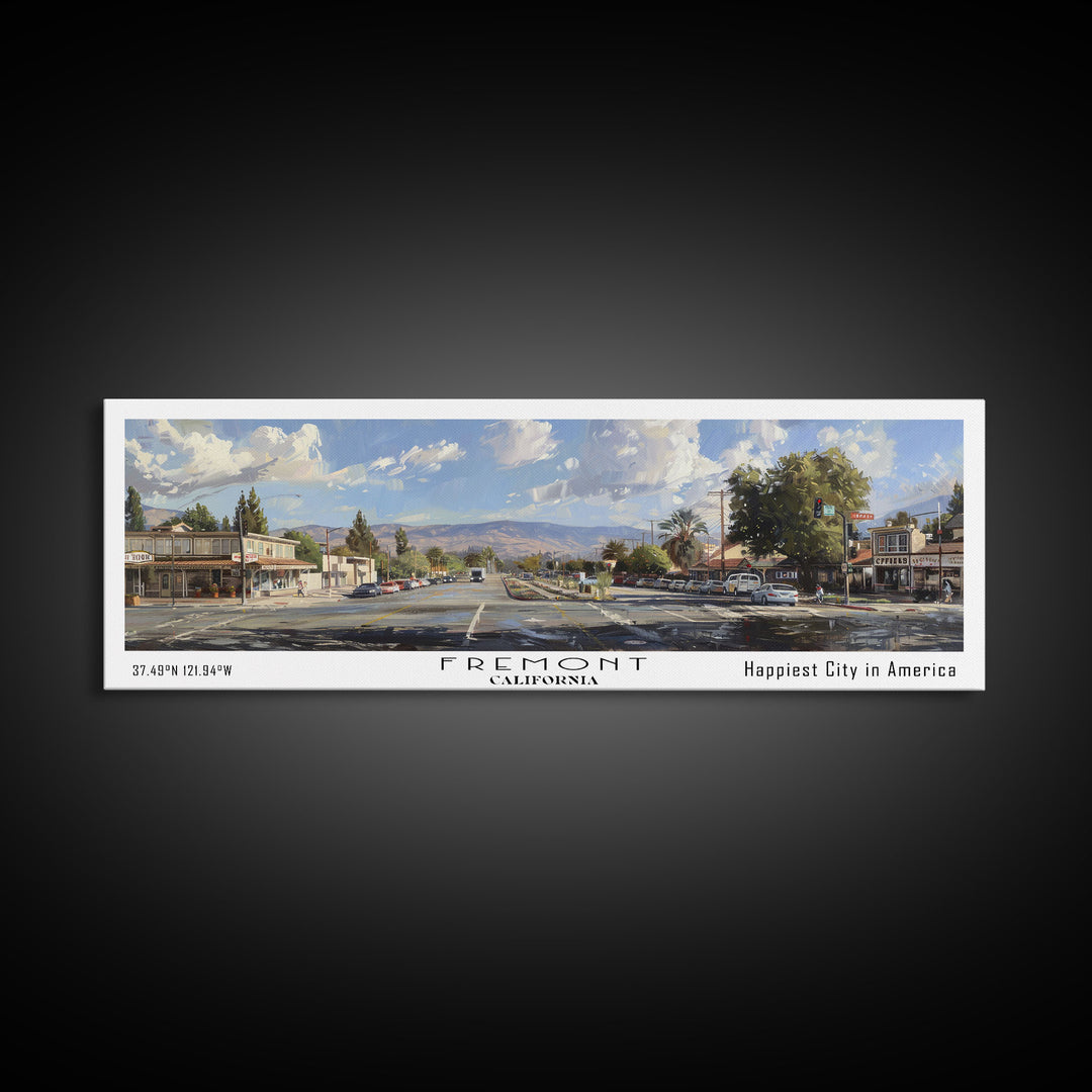 Fremont California Panoramic Watercolor Painting, Scenic Framed Canvas Print, Urban Wall Art for Office, Travel Poster, Home Decor, City Gift Idea