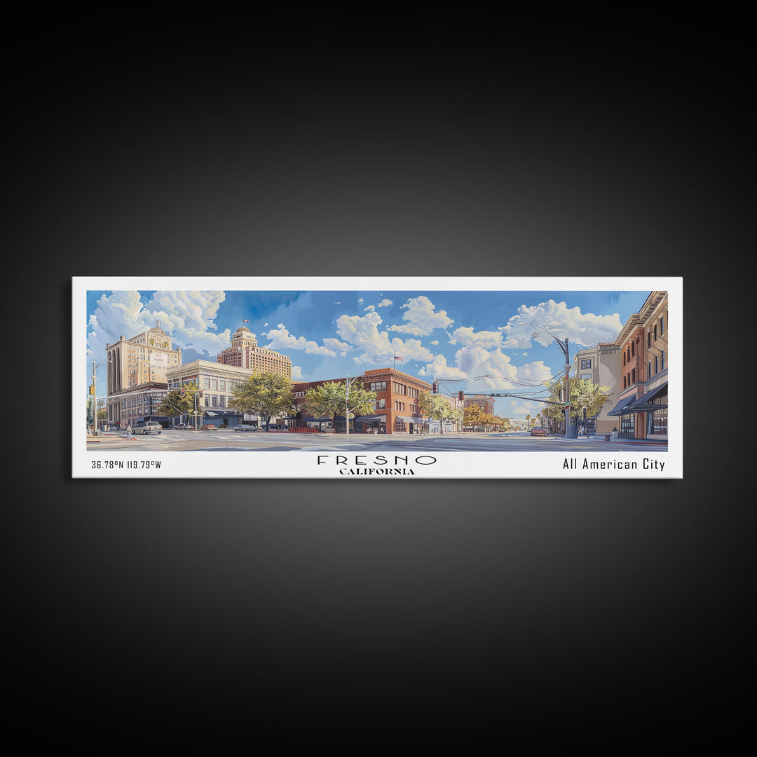 Fresno California Panoramic Watercolor Painting, Scenic Framed Canvas Print, Urban Wall Art for Living Room, Travel Decor, City Print, Gift Idea