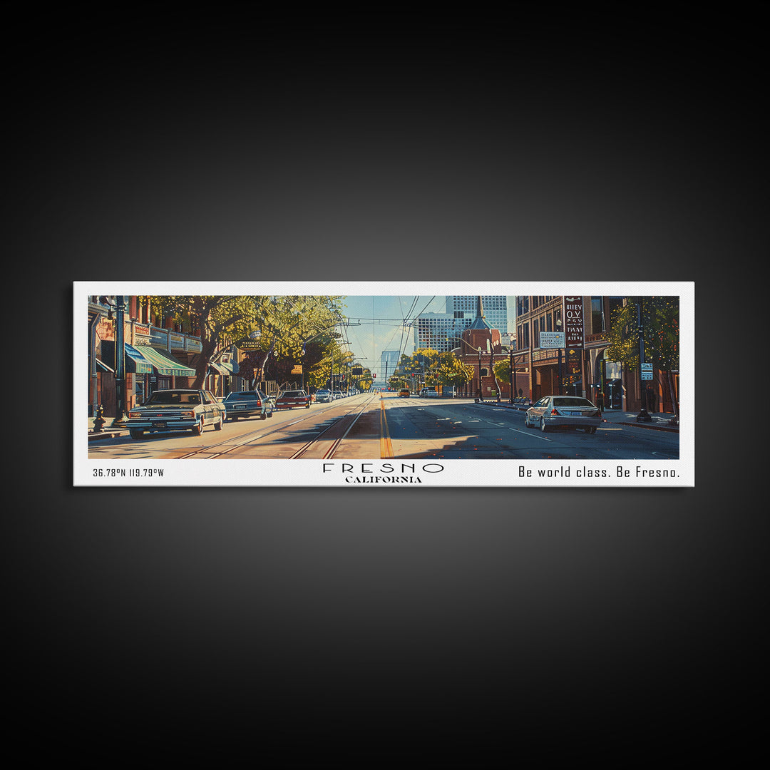 Fresno California Panoramic Watercolor Painting, Scenic Framed Canvas Print, Urban Wall Art for Living Room, Travel Decor, City Print, Gift Idea
