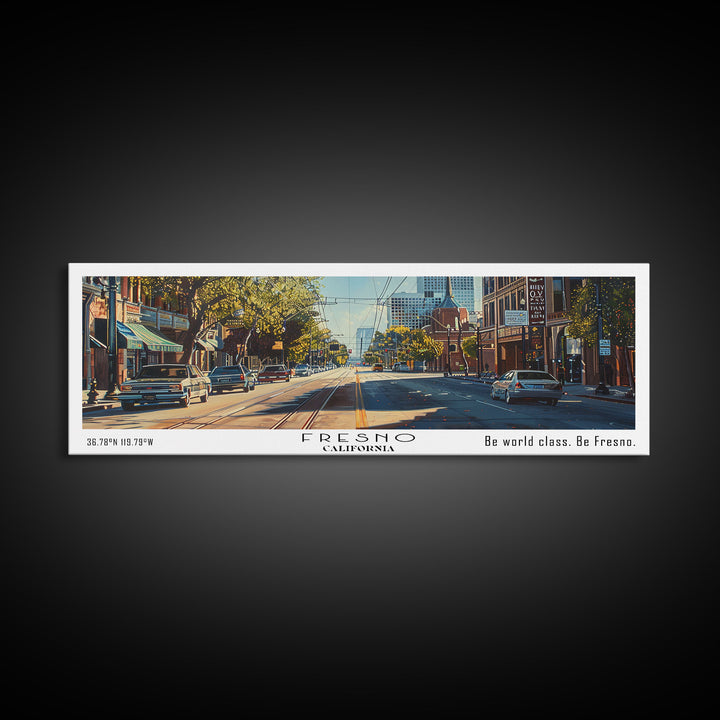 Fresno California Panoramic Watercolor Painting, Scenic Framed Canvas Print, Urban Wall Art for Living Room, Travel Decor, City Print, Gift Idea