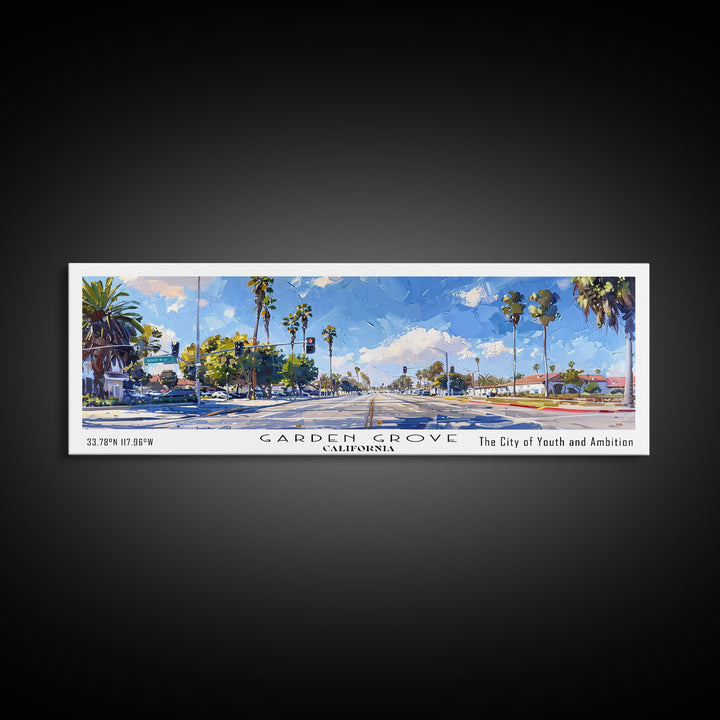 Garden Grove California Panoramic Watercolor Painting, Urban Framed Canvas Print, Cityscape Wall Art for Living Room, Travel Decor, Office Art, Gift Idea