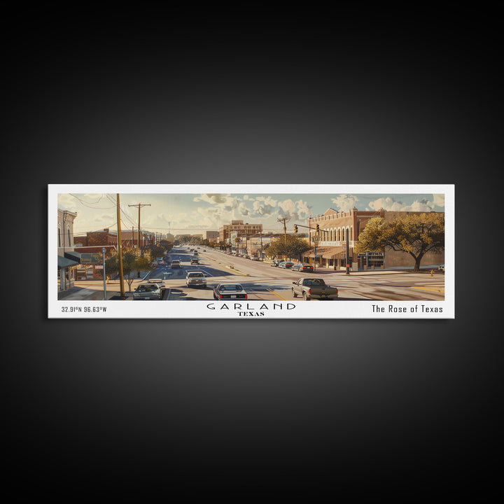 Garland Texas Panoramic Watercolor Painting, Urban Framed Canvas Print, Cityscape Wall Art for Living Room, Travel Decor, Home Gift Idea