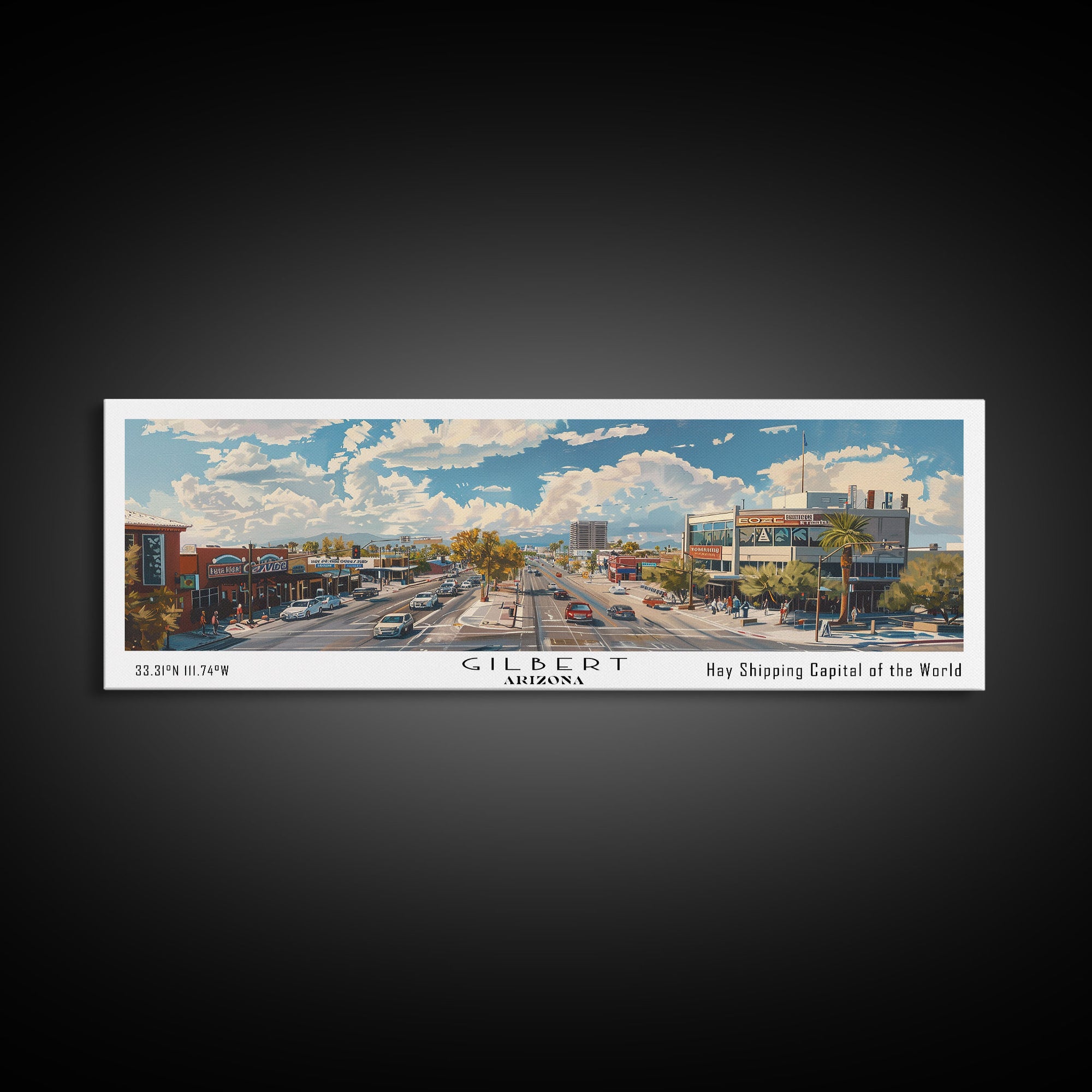 Gilbert Arizona Panoramic Watercolor Painting, Urban Framed Canvas Print, Cityscape Wall Art for Office, Travel Decor, Home Gift Idea