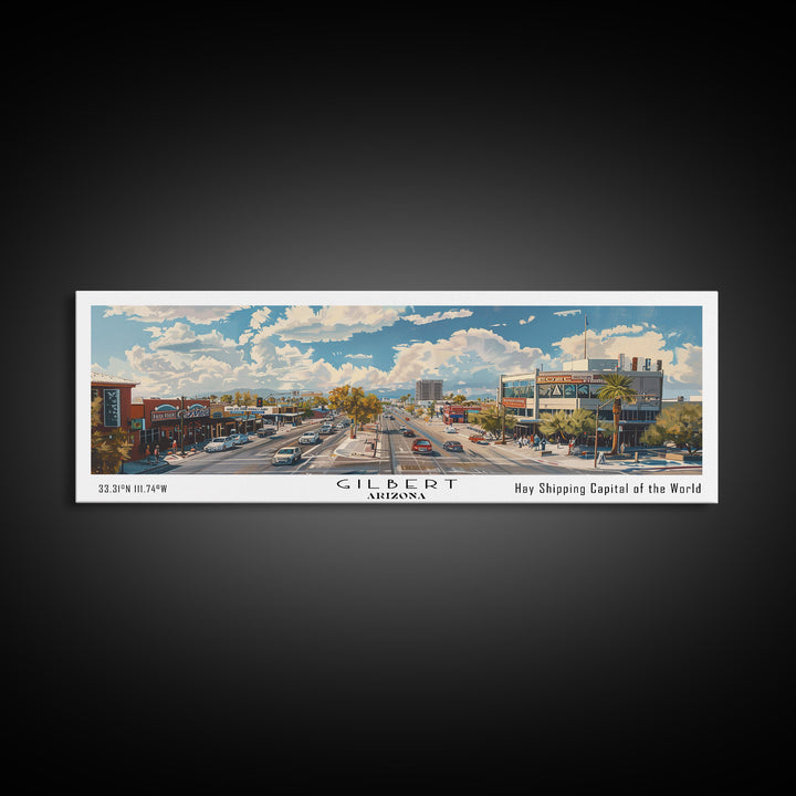 Gilbert Arizona Panoramic Watercolor Painting, Urban Framed Canvas Print, Cityscape Wall Art for Office, Travel Decor, Home Gift Idea