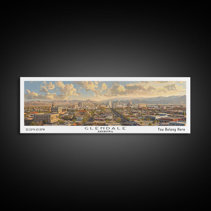 Glendale Arizona Panoramic Watercolor Painting, Urban Framed Canvas Print, Cityscape Wall Art for Living Room, Travel Poster, Home Decor, City Gift Idea