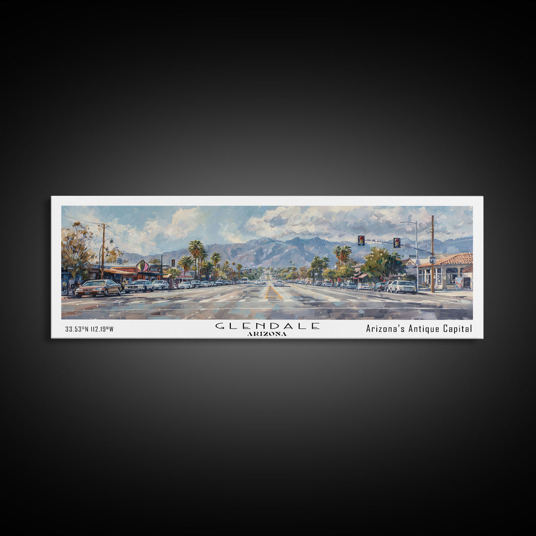 Glendale Arizona Panoramic Watercolor Painting, Urban Framed Canvas Print, Cityscape Wall Art for Office, Travel Decor, Home Gift Idea