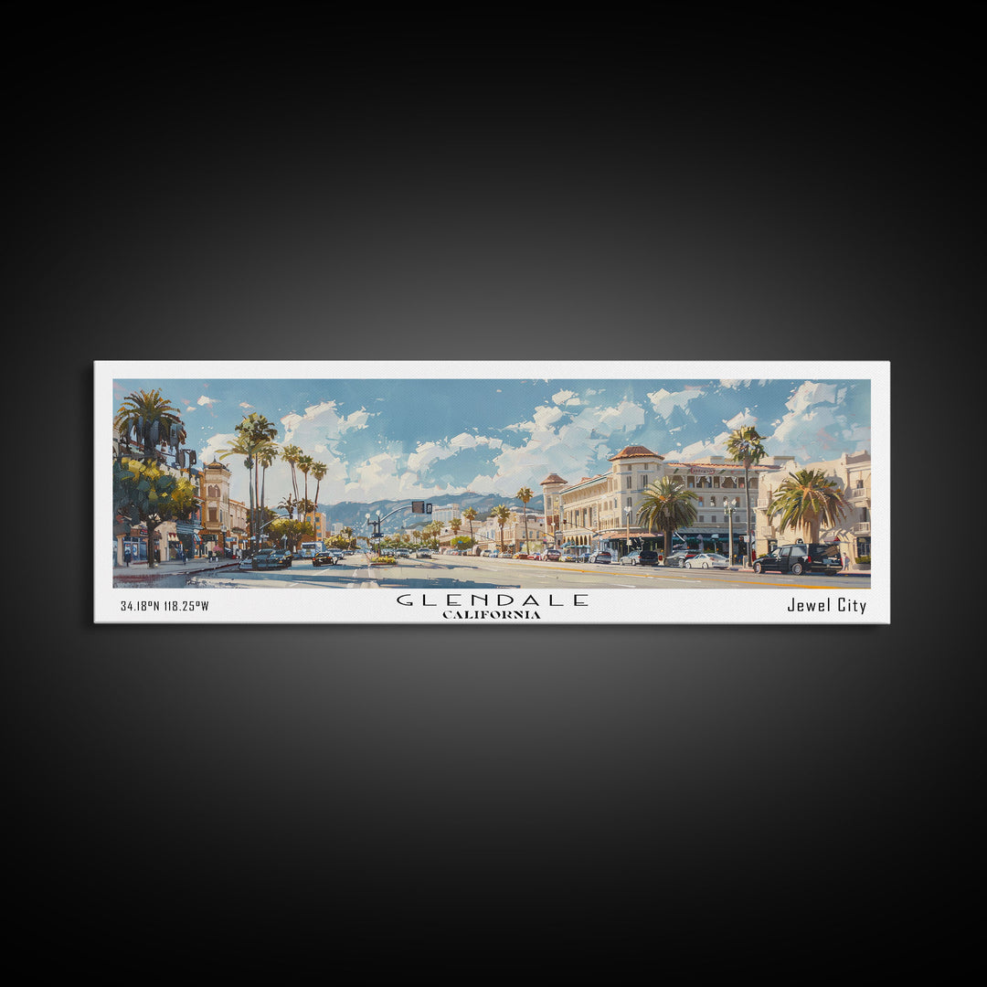 Glendale California Panoramic Watercolor Painting, Urban Framed Canvas Print, Cityscape Wall Art for Living Room, Travel Poster, Home Decor, City Gift Idea