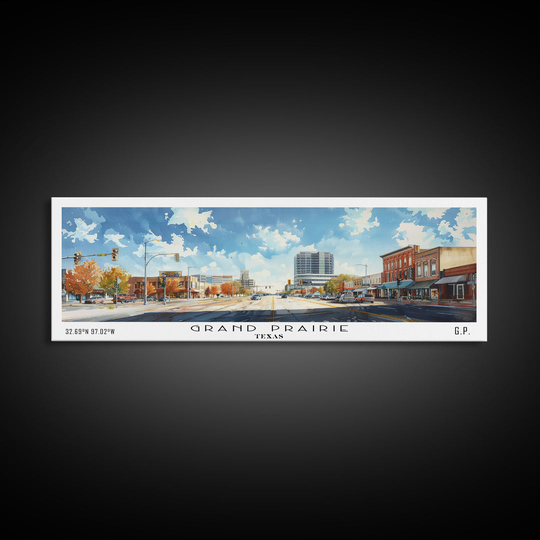 Grand Prairie Texas Panoramic Watercolor Painting, Urban Framed Canvas Print, Cityscape Wall Art for Living Room, Travel Decor, Home Gift Idea