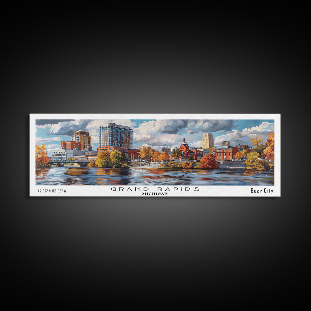 Grand Rapids Michigan Panoramic Watercolor Painting, Urban Framed Canvas Print, Cityscape Wall Art for Office, Travel Decor, Home Gift Idea
