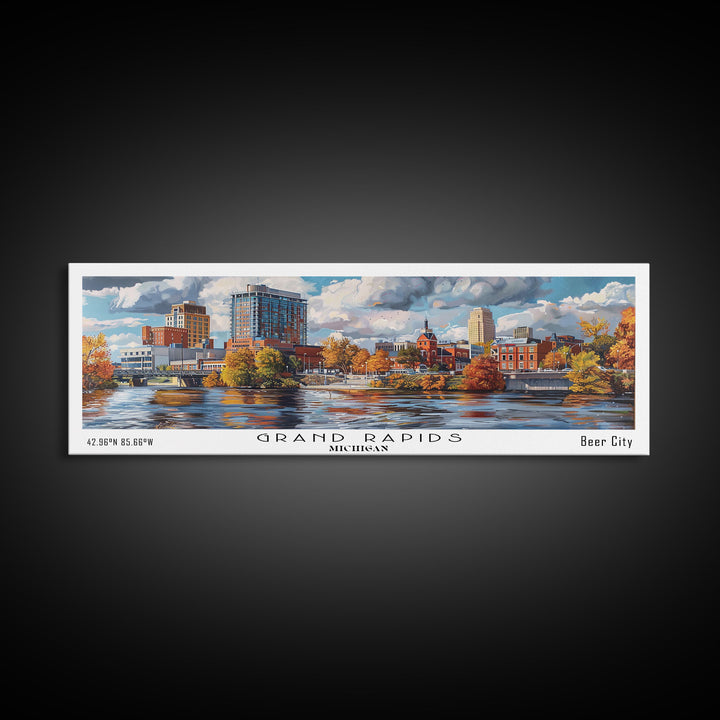 Grand Rapids Michigan Panoramic Watercolor Painting, Urban Framed Canvas Print, Cityscape Wall Art for Office, Travel Decor, Home Gift Idea